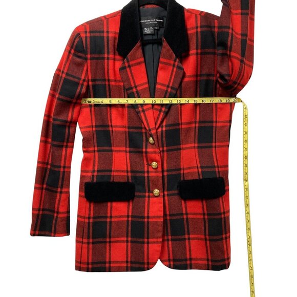 Vintage Adrienne Vittadini Plaid Long Blazer, Size 12, Black & Red, Velvet Trim - Picture 8 of 11